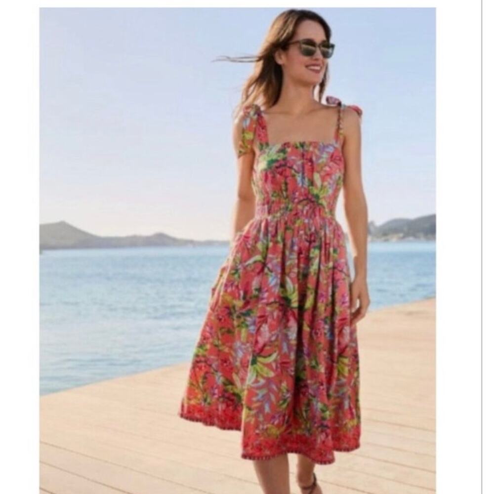 Lands' End Coral Floral Tie Shoulder Textured Midi Sundress Size 1X